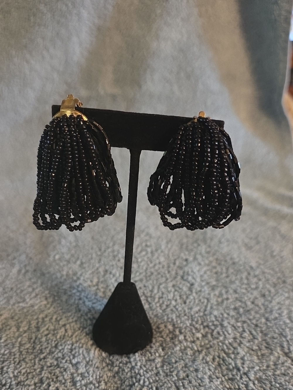 Black Beaded Tassel Clip-On Earrings - Women Jewelry